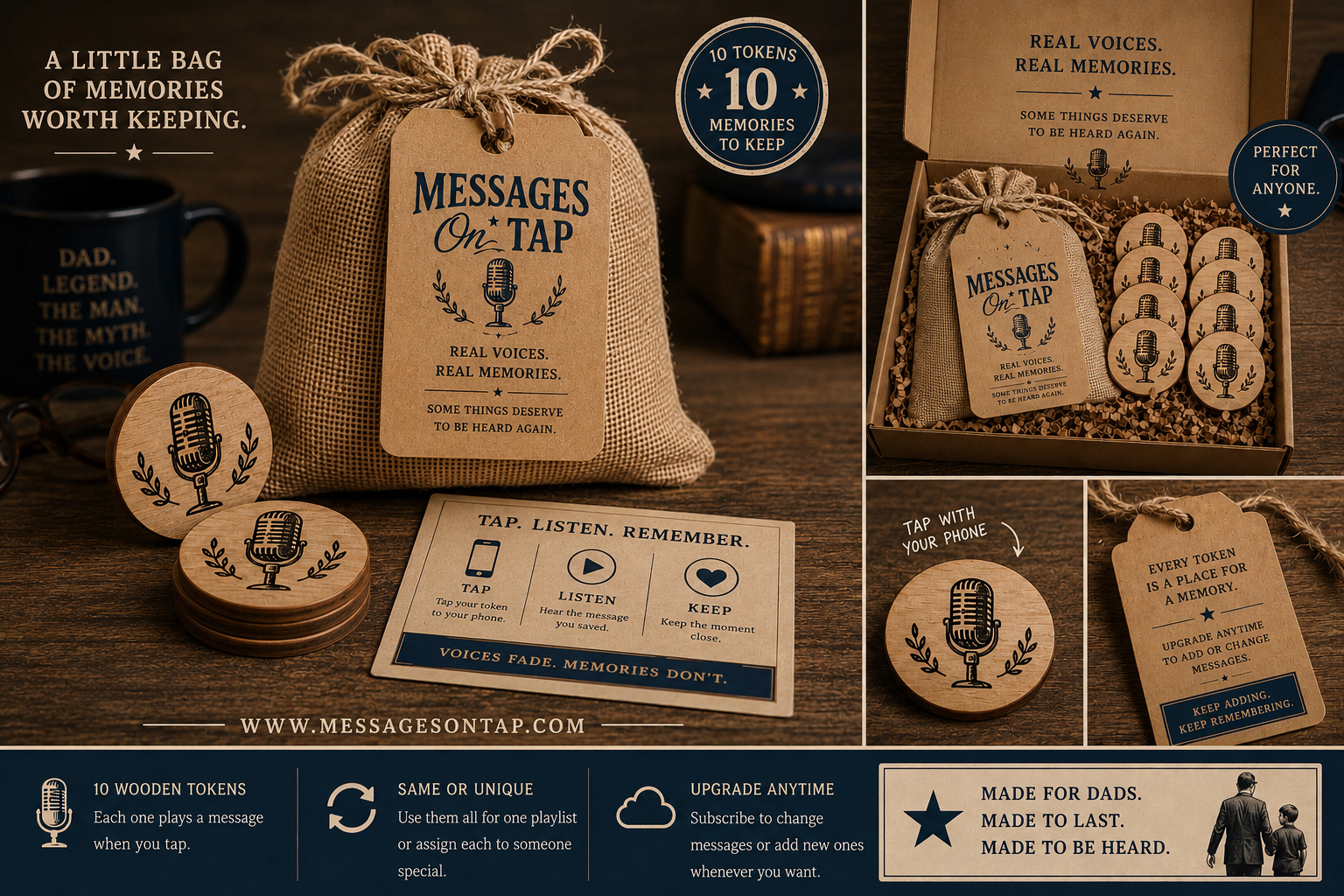 Burlap bag with 'Messages on Tap' packaging, wooden tokens, and promotional text on a wooden surface.