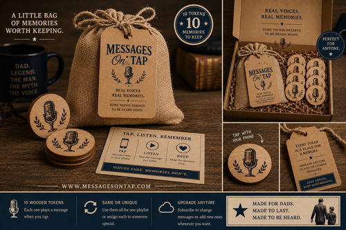 Burlap bag with 'Messages on Tap' packaging, wooden tokens, and promotional text on a wooden surface.