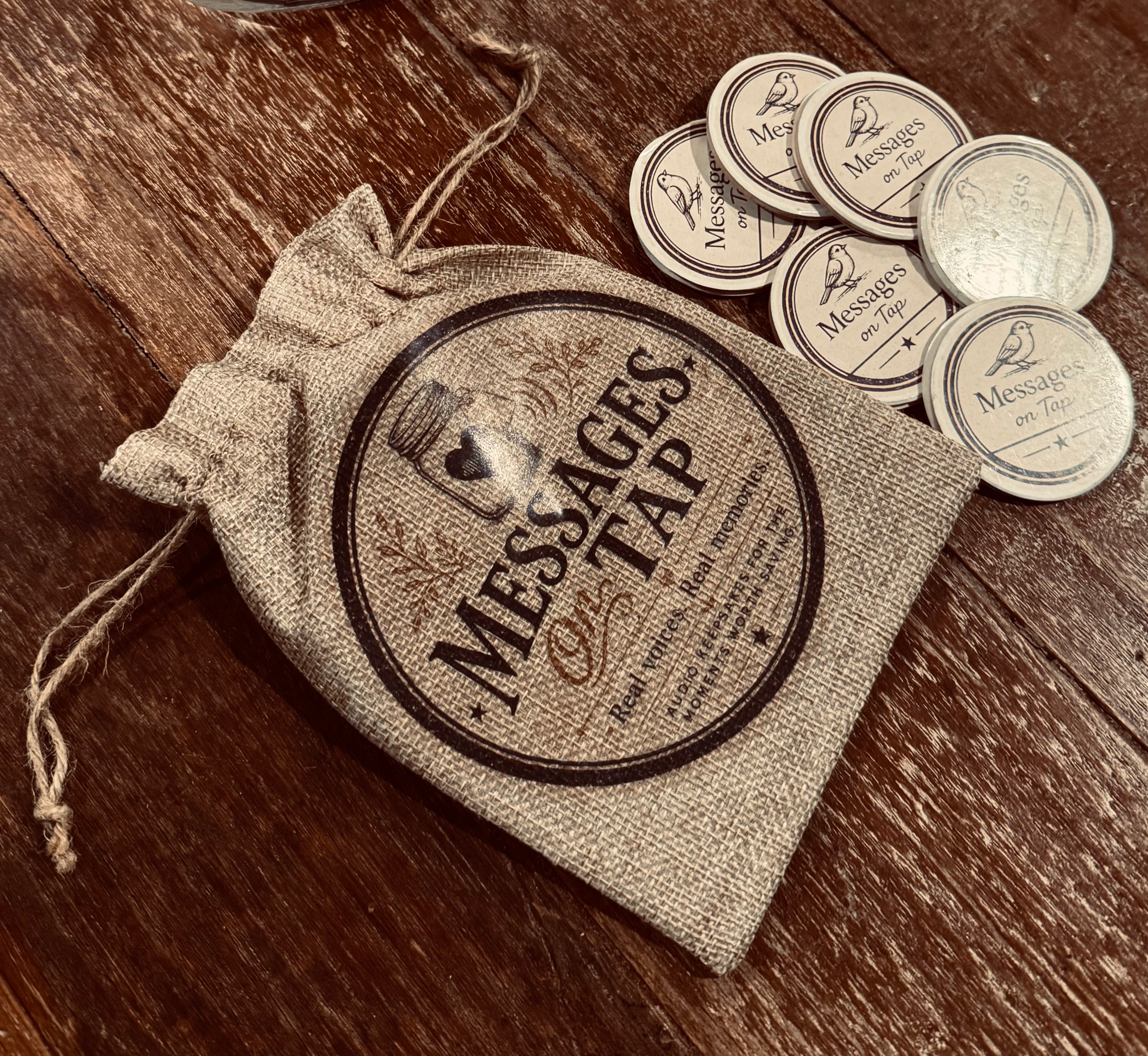 Messages in a Tap packaging with coins on a wooden surface